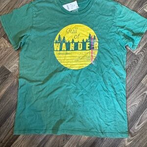 Mighty Fine Green Tee with Yellow 'Full of Wander' Graphic